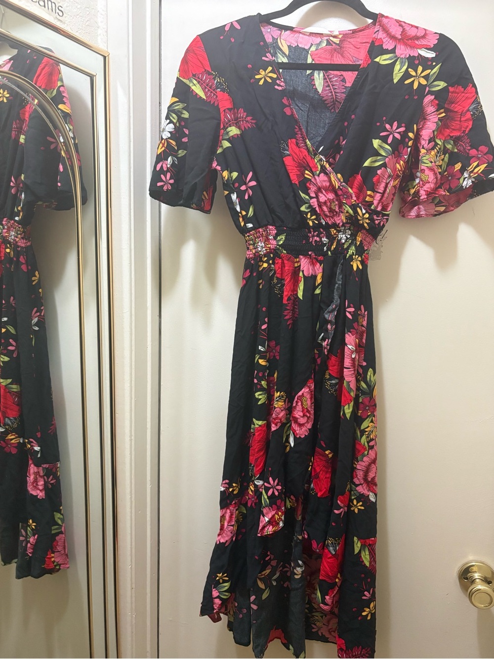 Black Floral Wrap Midi Dress with Pink & Red Blooms